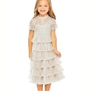 Max duggal girls high neck embroidered sleeve dress seafoam size 6